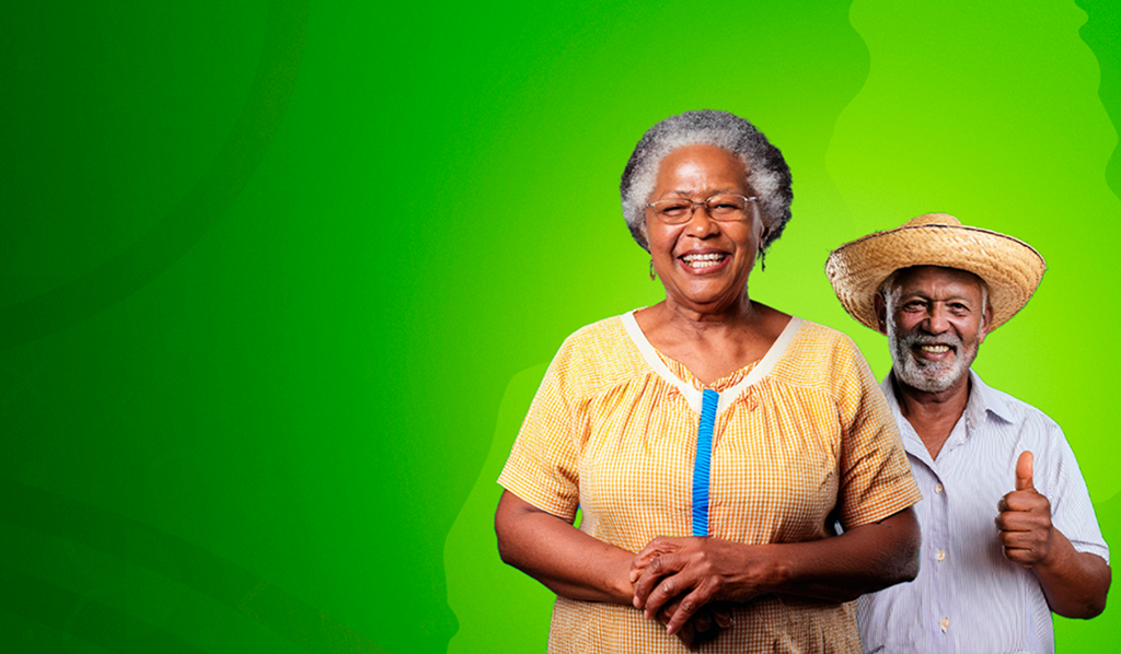 uma senhora e um senhor em um gradiente azul claro e escuro com as listras do piauí