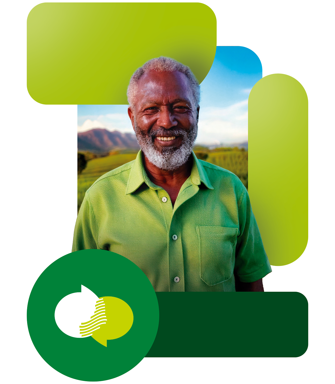 Senhor com paisagem verde ao fundo com caixas verdes ao lado